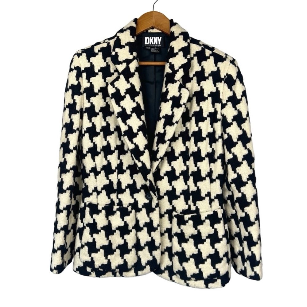 DKNY Houndstooth Tweed Black and Cream 2 Button Wool Blazer with Front Pockets